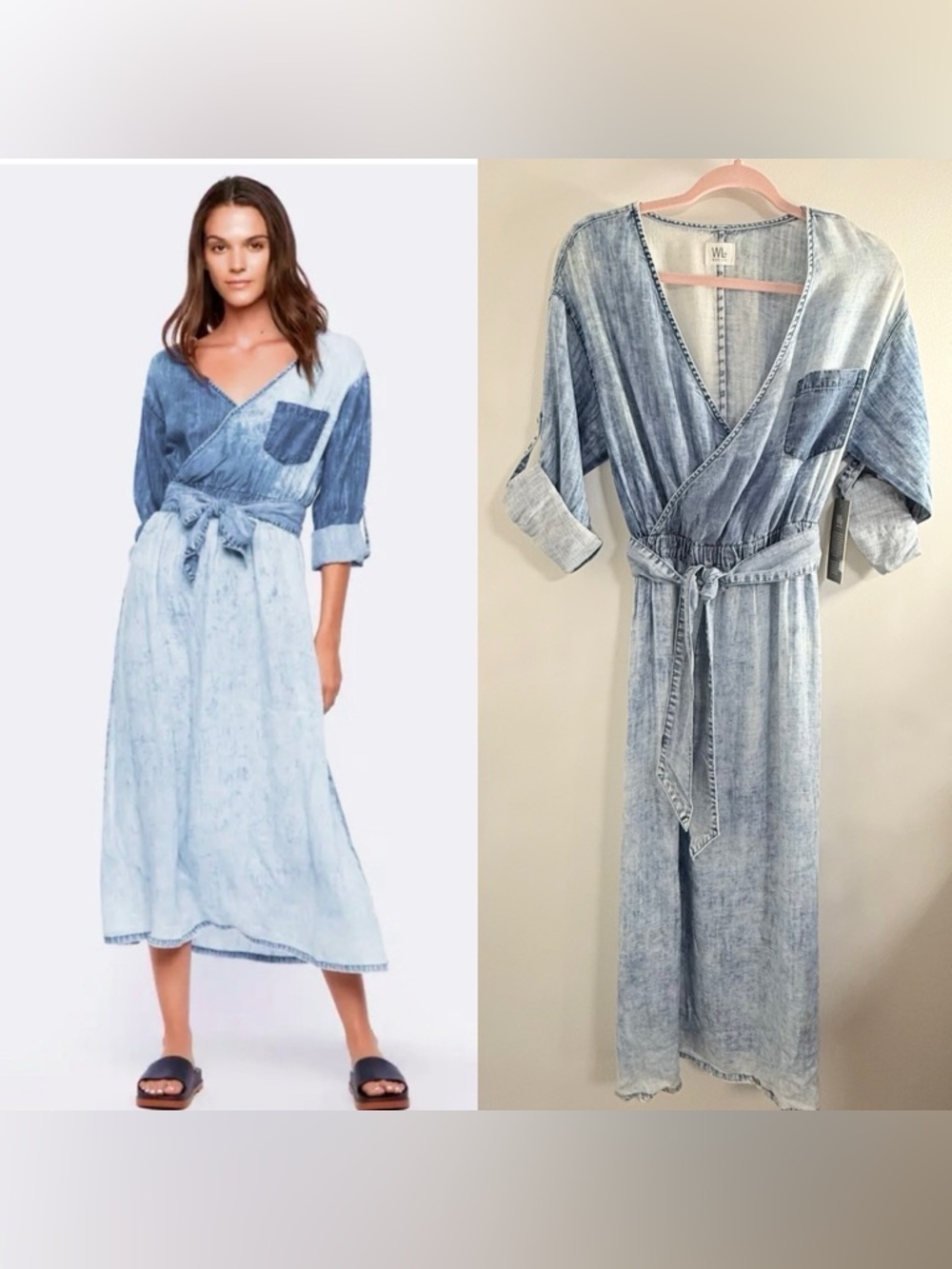 Wash Lab Denim Wrap Midi Dress with Tie Waist